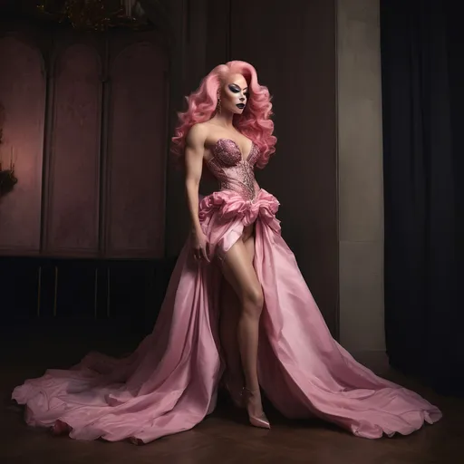 Prompt: A candid Full body shot from head to feet from the side of a gorgeous ultra-muscular 25-year-old Polish drag queen bodybuilder with ridiculously long wavy pink hair (Valentino dress), (high fashion), elegant design, flowing fabrics, rich color palette, intricate details, luxurious textures, dark eye makeup,  dark lipstick, soft lighting, dramatic shadows, haute couture, opulent setting, stylish ambiance, trendy and chic, (ultra-detailed), (4K).