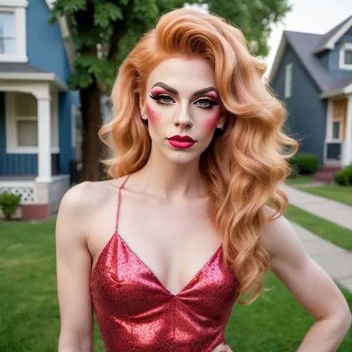 Prompt: Naive, beautiful,  girl-next-door drag queen (strong, masculine jawline and brow) with wavy strawberry-blonde hair, posing on the lawn in a nice neighborhood. 