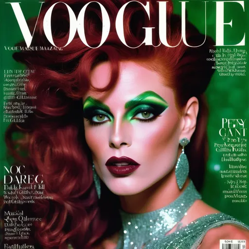 Prompt: (90s Vogue Magazine Cover), ethereal and whimsical, (vibrant color scheme), high-fashion editorial style, gorgeous muscular 35-year-old French drag queen model (masculine facial features) with sassy dark red hair, striking green eyes, dark smoky eyeshadow, enchanting expression, pretty lips, dark lipstick, luxurious glittery details, magical aesthetic, ultra-detailed, sparkly, glossy finish, captivating photography with dramatic lighting, alluring atmosphere, cosmopolitan elegance, celebrity fashion icon, stylish and trendy presentation.