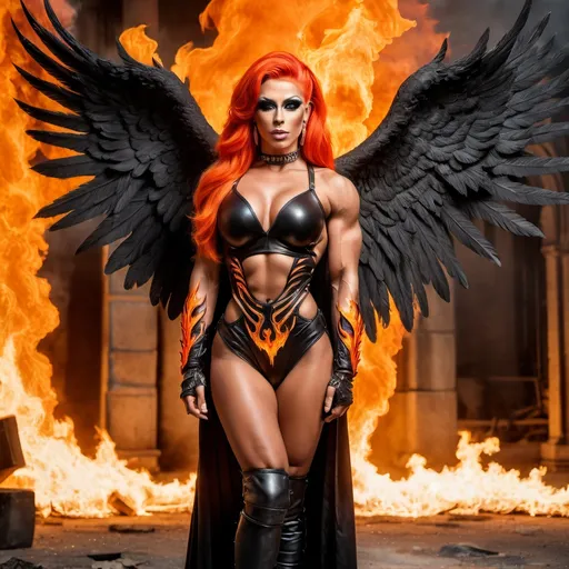 Prompt: Hot 25-year-old Czechian drag queen pyromaniac bodybuilder with a big rack. Modest clothing. Flaming hair, wearing black armor with breastplate. Flaming Fiery angel wings. Fiery ruins behind her.