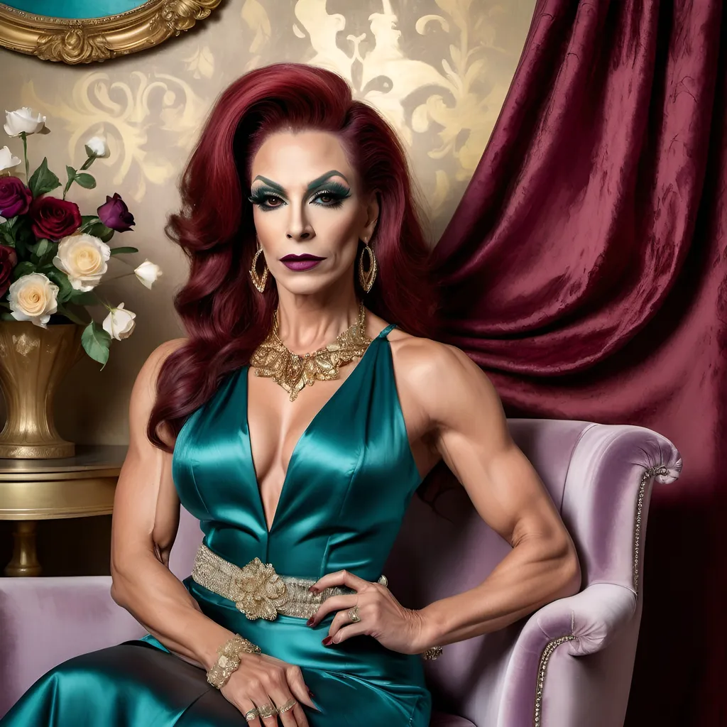 Prompt: oil painting of beautiful muscular 45-year-old Bulgarian drag queen (dark eyeshadow and dark red lipstick) wearing an (elegant sleeveless Teal blouse, gold necklaces, diamond ring), and (off-white fancy skirt, fancy dark red hairstyle), sitting on armchair near a perfectly designed room with aesthetic wall and plum curtain, vase with flowers near the woman (close up shot) , good composition 