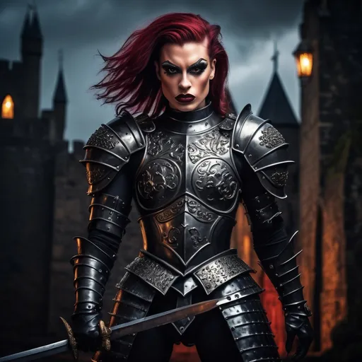 Prompt: A gorgeous muscular 25-year-old British drag queen (medieval knight), (black armor), gripping sword in hand, fierce expression (strong masculine jawline and brow features), dramatic pose, intricate armor details, dark and moody color palette, dark eyeshadow and dark red lipstick, cinematic lighting, highly detailed, stormy background, strong and powerful presence, evokes a sense of bravery and strength, captivating and intense atmosphere, ultra-detailed, 4K resolution, ready for battle. Full body view