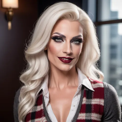 Prompt: Gorgeous muscular 35-year-old German drag queen (strong masculine jawline and brow) with long luscious platinum blonde hair, dark smoky eyeshadow, heavy mascara and dark red lipstick, smile, silver jewels, chic white blouse, tweed sweater vest, plaid pencil skirt, standing profile in a luxe lobby, well lit, high detail & quality, 8k, pro photo.