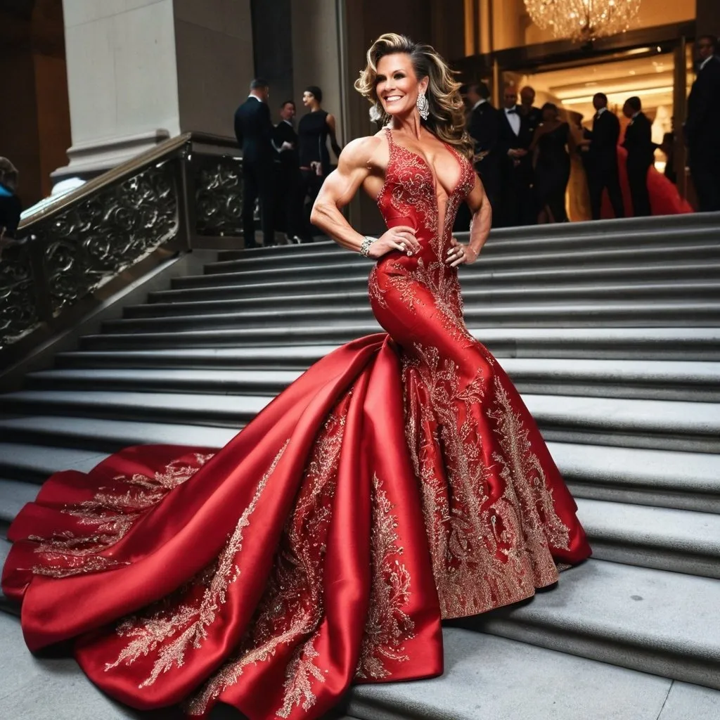 Prompt: Glamour photography of Gorgeous ultra-muscular 45-year-old (Caucasian) Czechian bodybuilder with a huge busom, and ridiculously long wavy salt & pepper tight updo hair on the Met Gala steps in New York wearing designer bronze and red gown with long train, intricate details, glitter and jewels, posed 3/4 turn standing, smile, in the style of Guy Aroch