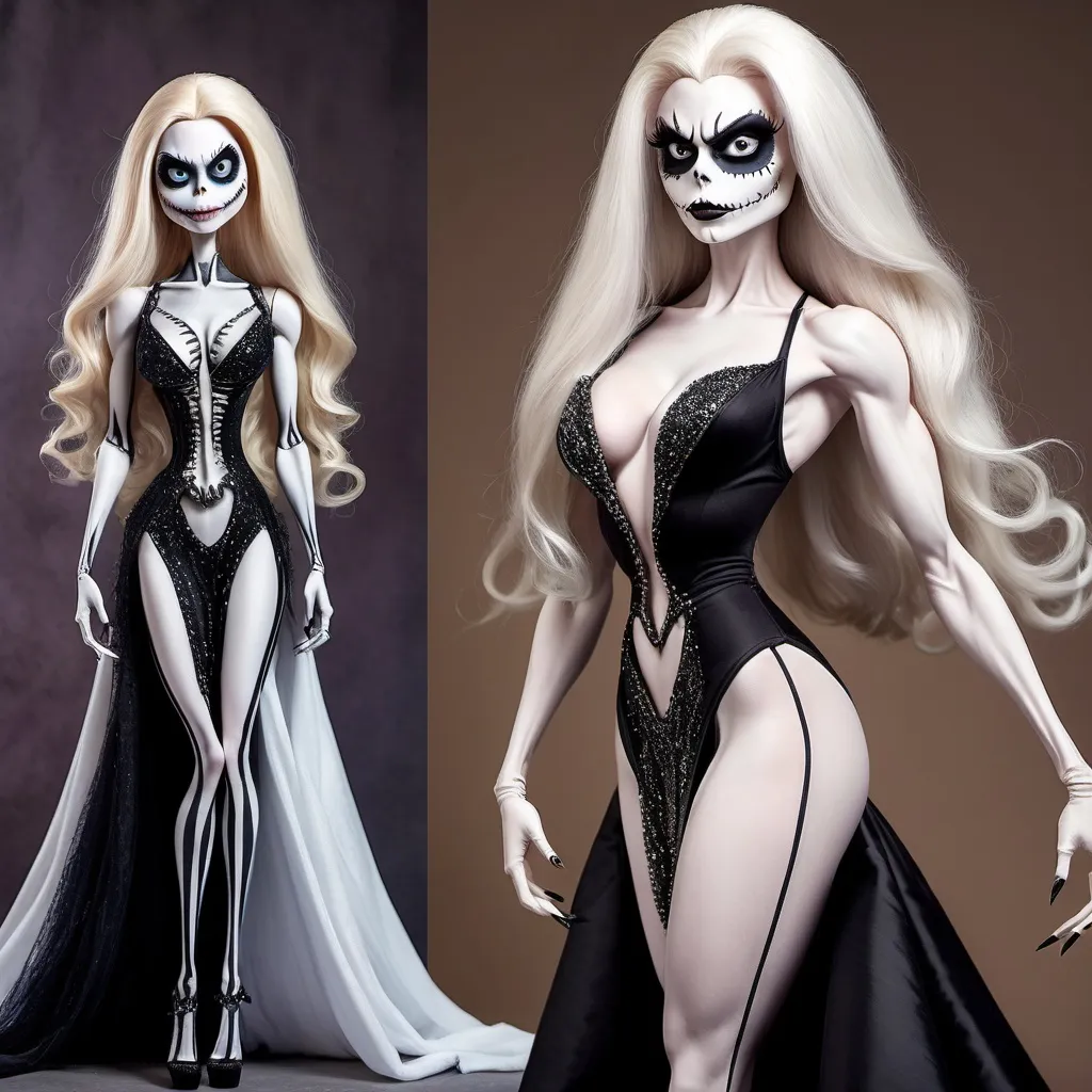 Prompt: Jack Skellington dressed up as a gorgeous ultra-muscular 25-year-old Czechian drag queen bodybuilder with very long hair and beautiful ballroom gown, 8 inch stiletto high heel shoes.