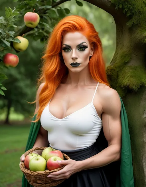 Prompt: 4k image, A serene image featuring a gorgeous ultra-muscular 25-year-old medeival drag queen bodybuilder with orange hair standing by a tree in a medeival attire, consisting of a white blouse, green shawl, and black skirt, holding a wicker basket with apples inside, set against lush greenery with a soft, dreamy quality.  we see a medeival village in the background and sunrise in the far back, Michelangelo's style, Digital Image