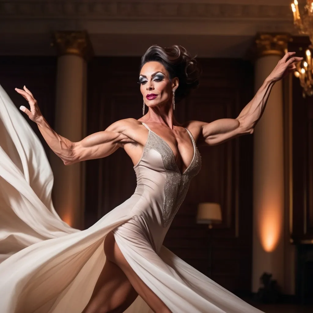 Prompt: A gorgeous muscular 35-year-old French drag queen bodybuilder (very strong masculine jawline and brow features) in a flowing, elegant dress, dancing gracefully with light fabric swirling around her, conveying a sense of freedom and joy. The scene bathed in soft, warm light creates an enchanting atmosphere, with a blurred, ethereal background emphasizing her graceful movements. Captured in ultra-detailed quality, this moment evokes feelings of beauty and harmony, encapsulating the elegance of dance.