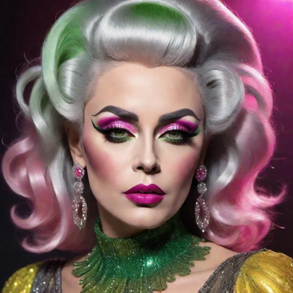 Prompt: image of James Dean dressed as a gorgeous 45-year-old (((full figured))) Czechian drag queen with very long professionally styled silver & black hair, wearing a flamboyant, yet conservative pink yellow and green Bob Mackie designer Gown, heavy eye makeup,  dark red lipstick, posing in a smokey Cabaret. hyper-realistic quality, ultra-detailed 4K imagery.