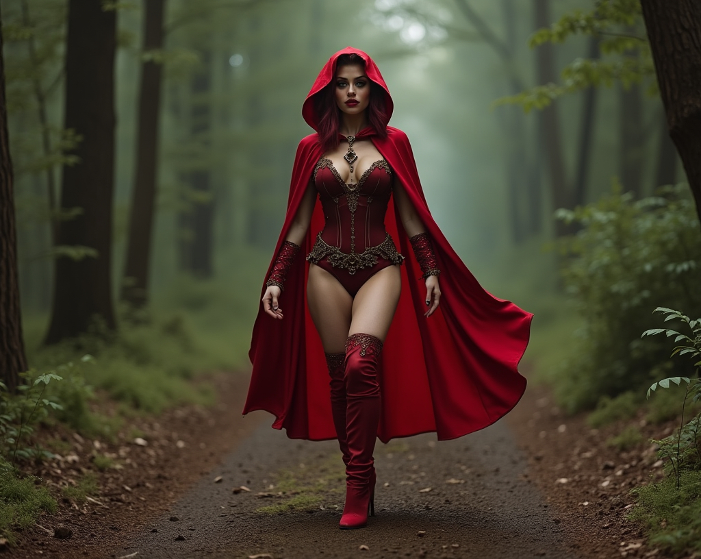 Prompt: If Little Red Riding hood was a gorgeous hyper-muscular 25-year-old drag queen bodybuilder with Dark eye makeup and dark lipstick. Wearing 8 inch stiletto high heel shoes. Walking through the forest towards her grandmother's house.