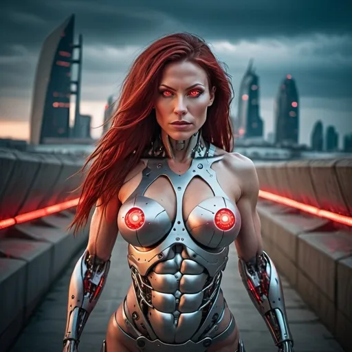 Prompt: Futuristic muscular 35 year old Dutch goddess cyborg with red lit eyes, huge busom and long dark red flowing hair walking down a hill of a futuristic sterile concrete and iron cityscape, head-to-toe photography 