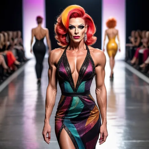 Prompt: Beautiful muscular 35-year-old European drag queen fashion model, intricate face (strong masculine jawline and brow), colorful hair, walking the runway, sophisticated cocktail dress, long shapely legs, black shoes, 8k photo, fashion show, high quality, elegant, detailed eyes, sophisticated, runway walk, colorful hair, professional attire, fashionable, high definition, vibrant atmosphere