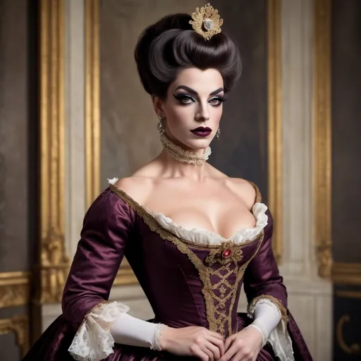 Prompt: A gorgeous muscular 25-year-old French drag queen (with large busom, dark eye makeup, dark lipstick, and strong masculine jawline and brow facial features) regency era noblewoman in aristocratic attire