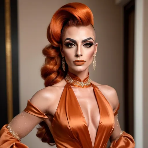 Prompt: The photo shows a gorgeous muscular 30-year-old Turkish drag queen (masculine jawline and brow) with long dark orange updo hair, in a long, elegant gown. Here's a description:

The Gown: The dress is a floor-length A-line gown, featuring a beige or champagne-colored satin top with long, wide sleeves that extend almost to the floor, creating a cape-like effect. The skirt of the dress is adorned with a vibrant, artistic print depicting a landscape of teal and blue mountains in a style reminiscent of traditional Chinese ink wash painting. There are also what appear to be stylized Chinese seals or stamps incorporated into the design. The skirt has a subtle ruffled or tiered detailing at the hem. The neckline is high and closed, in a style similar to a mandarin collar.

The Woman: The model is poised and elegant, her hair neatly pulled back. She wears delicate earrings. Her makeup is subtle and enhances her features.

The Setting: The background is a simple, solid dark red, which gives the gown and the model a striking contrast and prominence.

