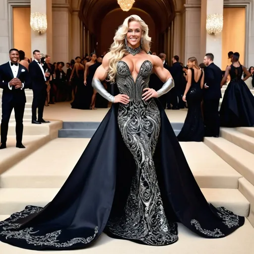 Prompt: Glamour photography of Gorgeous ultra-muscular 25-year-old (Caucasian) Norse bodybuilder with a huge busom, and ridiculously long wavy platinum blonde hair on the Met Gala steps in New York wearing designer silver and black gown with long train, intricate details, glitter and jewels, posed 3/4 turn standing, smile, in the style of Guy Aroch