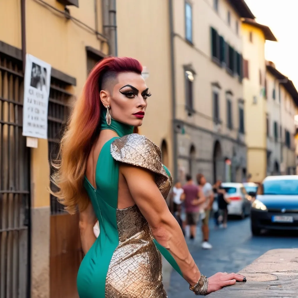 Prompt: Front view of an 27-year-old, muscular, gorgeous Italian drag queen bodybuilder (very strong masculine jawline and brow features) wearing a Italian designed dress and 8 inch stiletto high heel shoes. Hanging out on the streets of Florence, Italy at sunset..