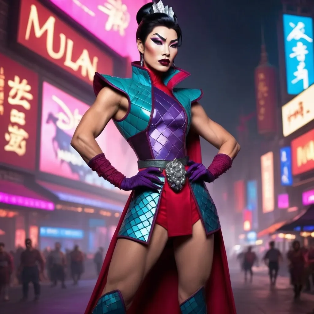 Prompt: Gorgeous muscular cyberpunk drag queen (Disney's) Mulan, great legs, crystal high heels,  dark lipstick.