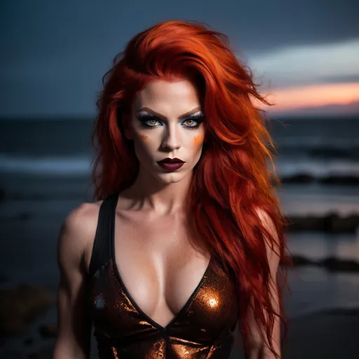 Prompt: In a dark, mysterious beach nighttime setting, a daring, gorgeous 25-year-old Swedish drag queen bodybuilder with vibrant red hair, heavy mascara, and dark red lipstick strikes a fierce pose for a photo. Her wild, messy hair contrasts in black and orange hues, creating a striking blend of edginess and glamor. The long, shaggy locks cascade around her, exuding confidence and individuality as the full moon shimmers off her.