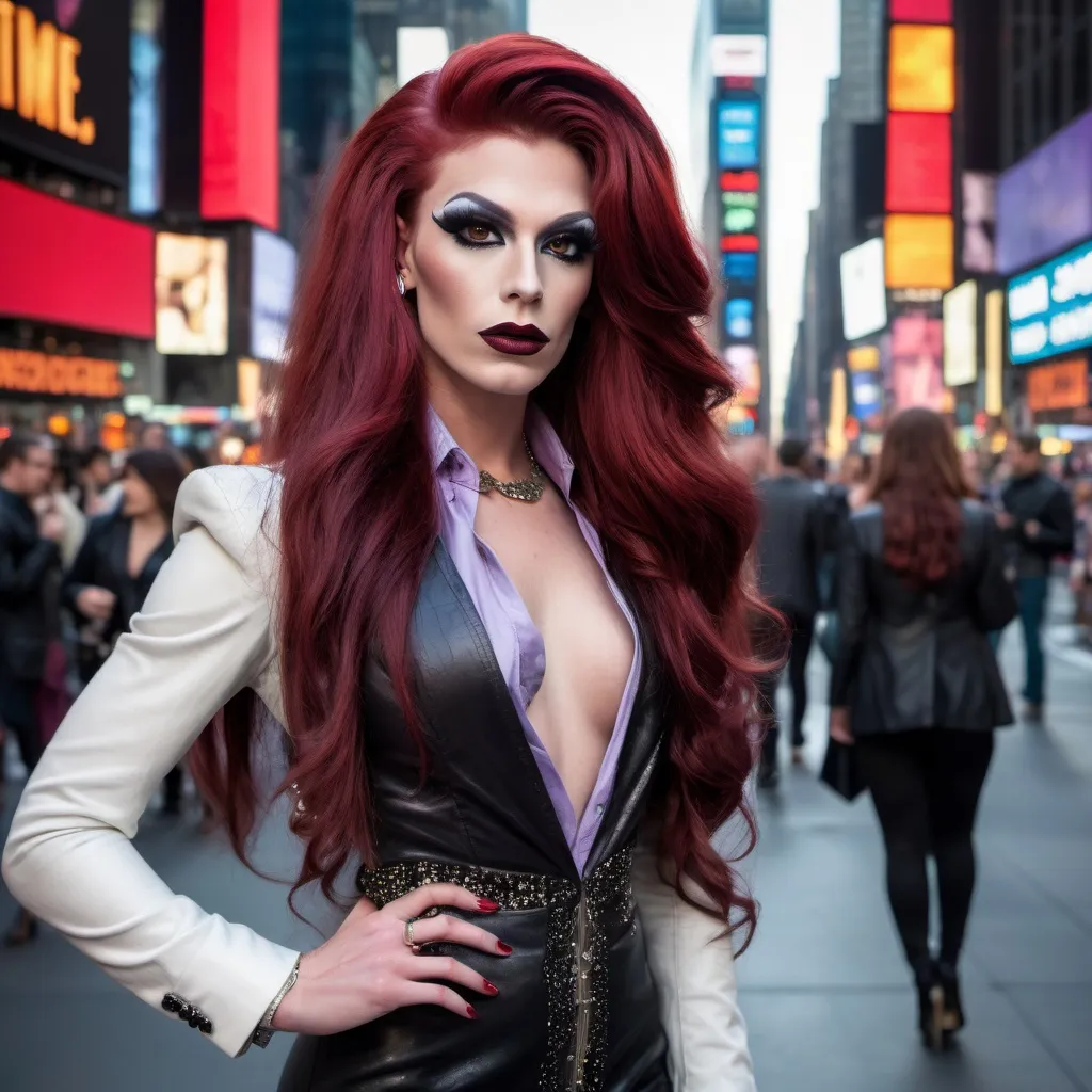 Prompt: Gorgeous masculine 25-year-old Czechian drag queen with long dark red hair wearing a mix of men's and women's clothes. 8 inch stiletto high heel shoes.  Dark eye makeup and dark lipstick.  Location: Time Square.