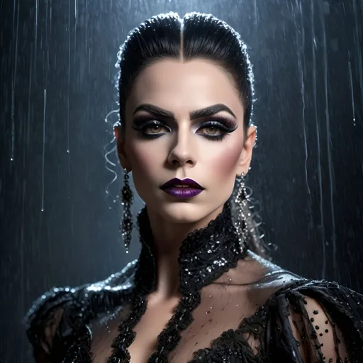 Prompt: Gorgeous muscular 25-year-old Victorian gothic drag queen (strong masculine jawline and brow) standing in the rain, full body, detailed lace gown, intricate jewelry, hauntingly beautiful, high quality, gothic, vintage, dramatic lighting, vibrant color tones