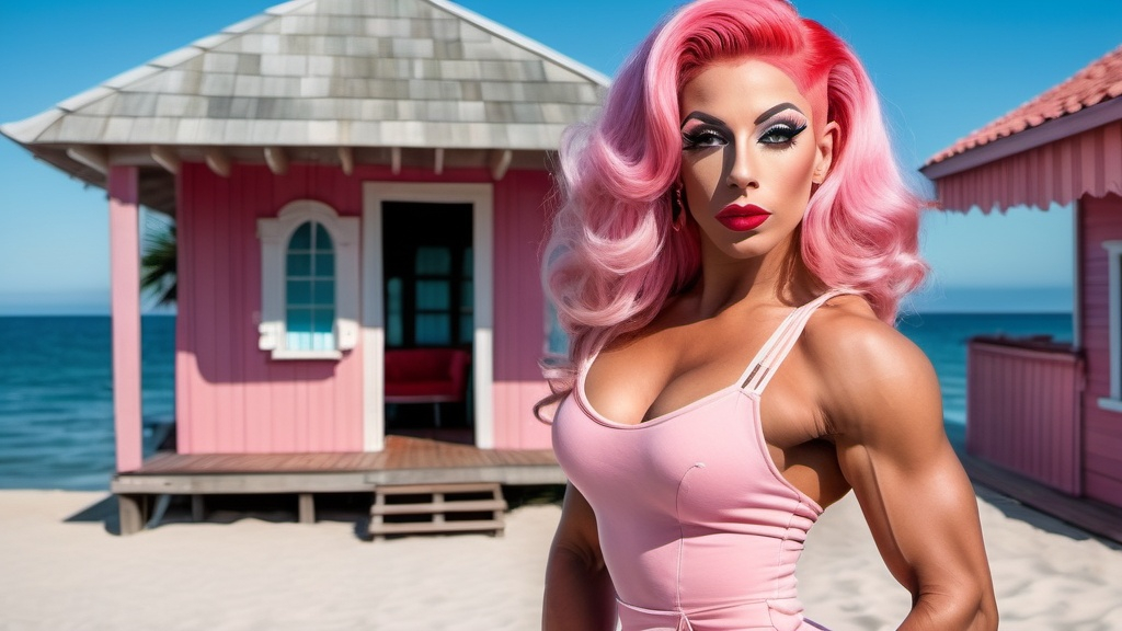 Prompt: Full body view gorgeous ultra-muscular 25-year-old Italian drag queen goddess bodybuilder  wearing a sundress. She is wearing Red lipstick . She has long chic pink haircut. Posing by a beach cottage.