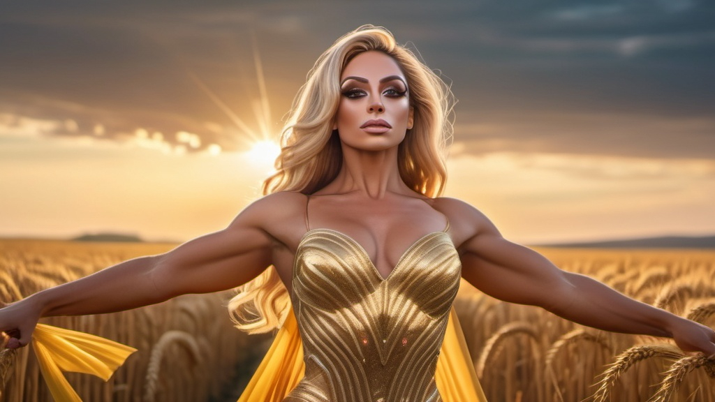 Prompt: HD 4k 3D 8k professional modeling photo hyper realistic gorgeous ultra-muscular 25-year-old Greek drag queen bodybuilder ethereal greek goddess of grain, agriculture, harvest, growth, and nourishment
blonde hair hazel eyes gorgeous face tan skin yellow shimmering dress full body surrounded by magical glowing sunlight hd landscape background of enchanting mystical wheatfield