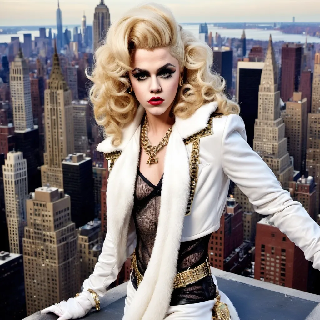 Prompt: Justin Beiber dressed as a 25-year-old gorgeous drag queen Madonna posing on the ledge of a building, high above NYC.