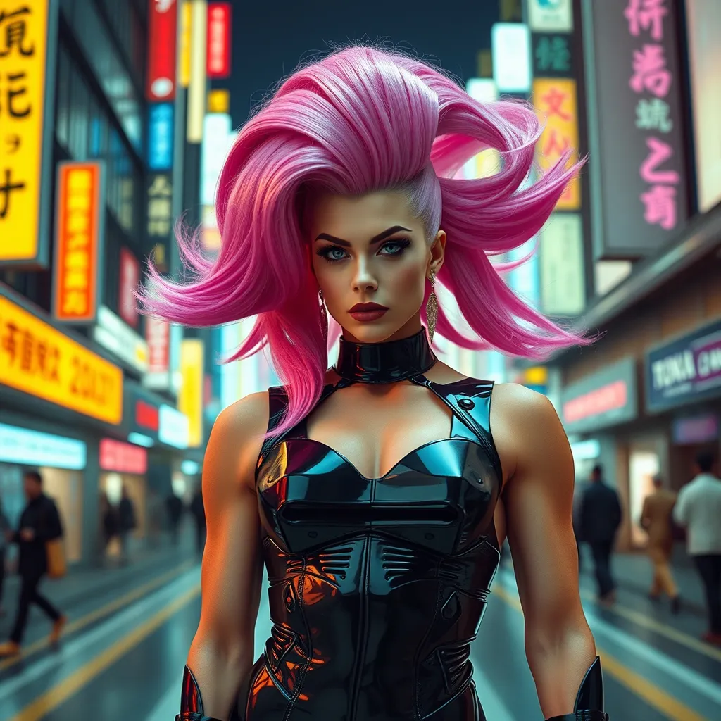 Prompt: Gorgeous ultra-muscular 25-year-old Swedish drag queen bodybuilder with long flowing fuscia updo stylish hair wearing Mugler in a futuristic Tokyo imagined by Wes Anderson