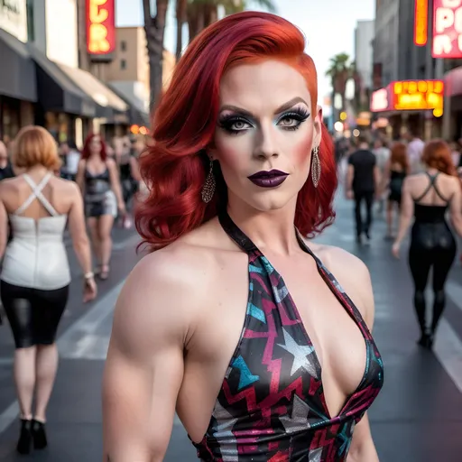 Prompt:  Gorgeous muscular 25-year-old Finnish drag queen with cute sassy bright red hair, dark eyeshadow,  dark lipstick,  wearing A trendy short printed halter dress popular in the United States, designed for women aged 25-35. Posing on Hollywood Boulevard. 