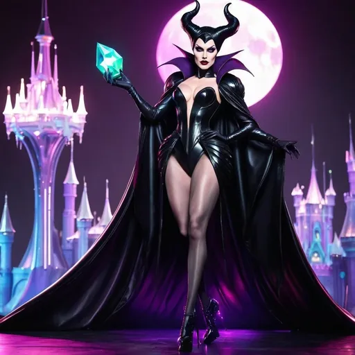 Prompt: Gorgeous muscular cyberpunk drag queen (Disney's) Maleficent, great legs, crystal high heels,  dark lipstick.