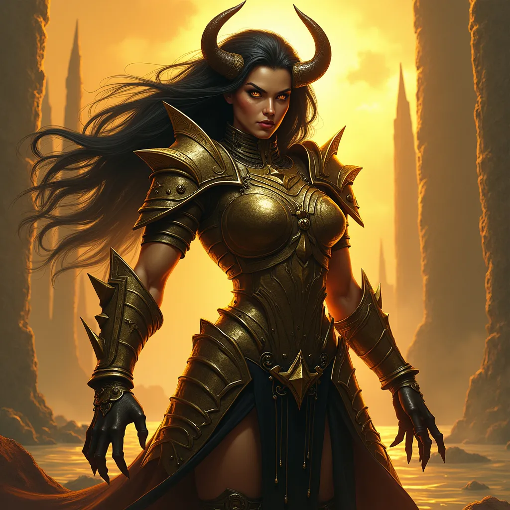 Prompt: This is a digital art fantasy illustration that depicts a powerful, demonic drag queen character with dark, flowing hair. a cyclops with one eye. Her sharp, angular features and intense, golden eyes convey strength and determination. The character's armor is ornate and jagged, with glowing gold highlights, enhancing his formidable presence. The warm, golden background features a surreal, otherworldly landscape with tall, spire-like structures and a reflective, shimmering body of water. The dynamic pose, detailed armor, and glowing atmosphere suggest a warrior of immense power, evoking a sense of majesty and danger. Digital art illustration