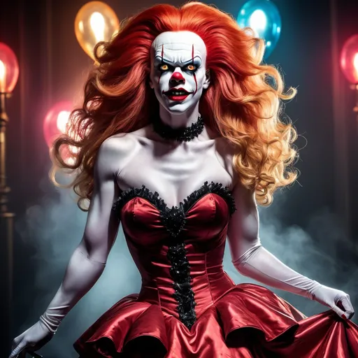 Prompt: Pennywise dressed up as a gorgeous ultra-muscular 25-year-old Czechian drag queen bodybuilder with very long hair and beautiful ballroom gown, 8 inch stiletto high heel shoes.