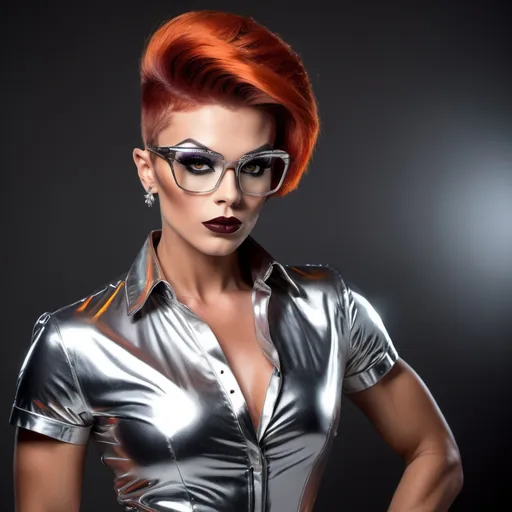 Prompt: Gorgeous ultra-muscular 25-year-old Czechian drag queen bodybuilder with short spiky swept over dark orange hair, heavy eye makeup,  and dark red lipstick, long muscular legs, 8 inch stiletto high heel shoes, wearing silver framed horn rimmed glasses with bright reflections on the lenses, and silver and black layered shirts. using only black, silver, and white.  Background new York City is black with neon red light.