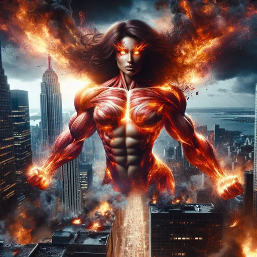 Prompt: Gorgeous ultra-muscular 25-year-old goddess fire entity destroying a city.