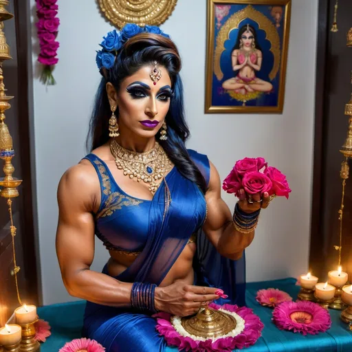 Prompt: A gorgeous muscular 35-year-old Pakistani drag queen bodybuilder with huge busom, performing puja at a home shrine, placing flowers on shrine, diya is lit. She has Kumkum on her forehead. she is wearing a blue colored silk saree with sapphire jewellery, flowers in her braid