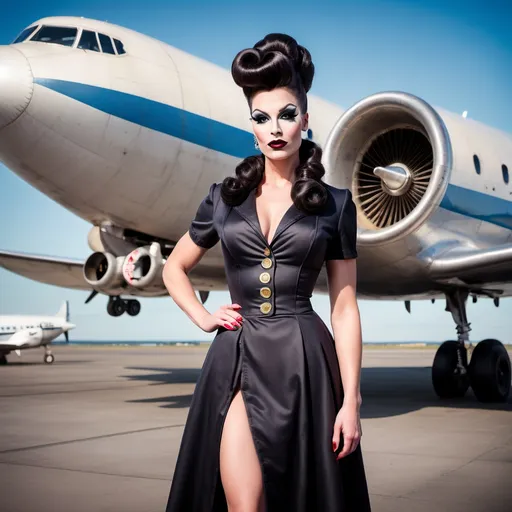 Prompt: Gorgeous ultra-muscular 25-year-old Finnish hour glass figured drag queen with ridiculously long wavy black updo bun hairstyle, dark eye makeup,  dark lipstick, dressed as a 1960s stewardess,  passenger plane in background. Full length photography.