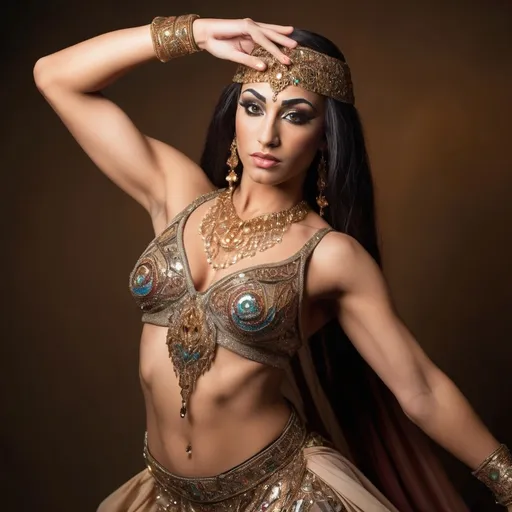 Prompt: A gorgeous 25-year-old muscular Arabian drag queen belly dancer (very strong masculine jawline and brow features)  performing gracefully, dressed in an ornate, shimmering outfit with intricate beadwork and flowing fabric. Her hands are elegantly raised above her head, fingers delicately posed, creating a sense of motion and allure. The setting is softly lit with warm, golden tones, enhancing her vibrant costume and the glow of her skin. Background features faintly blurred patterns reminiscent of a Middle Eastern palace, with rich textures and colors. The scene captures her movement mid-dance, with the fabric of her skirt swirling gently around her