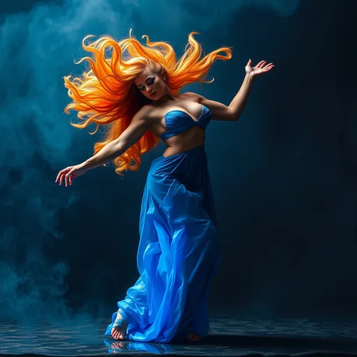 Prompt: Gorgeous ultra-muscular 25-year-old Swedish drag queen bodybuilder dancing on blue flame, silhouette, lava, long flowing blue flame gown, huge busom, long wavy fiery hair, long muscular legs, very muscular dancing female, mystical background, 