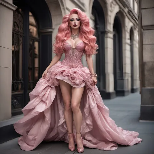 Prompt: A candid Full body shot from head to feet from the side of a gorgeous ultra-muscular 25-year-old Polish drag queen bodybuilder with ridiculously long wavy pink hair (Valentino dress), (high fashion), elegant design, flowing fabrics, rich color palette, intricate details, luxurious textures, dark eye makeup,  dark lipstick, soft lighting, dramatic shadows, haute couture, opulent setting, stylish ambiance, trendy and chic, (ultra-detailed), (4K).