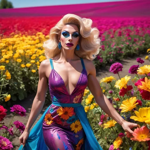 Prompt: (Gorgeous muscular 25-year-old French drag queen walking through a field of vibrant colored flowers), (flowing summer dress just above the knees), basking in the warm sunlight, surrounded by a dazzling array of flowers in full bloom, dark smoky eyeshadow,  dark lipstick, vivid colors like magenta, yellow, and blue, clear blue sky above, cheerful ambiance, high-resolution 4K imagery, capturing the blissful essence of a perfect summer day.