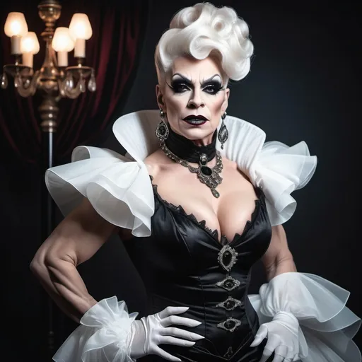 Prompt: elegant gorgeous muscular mature vampire drag queen in white and black tones and victorian dress