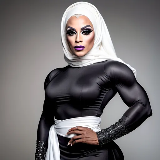 Prompt: Muslim drag queen (very strong masculine facial features) bodybuilder in a dress, long sleeves,, robe,, sleeves past wrists, solo, standing, white and black dress, wide sleeves