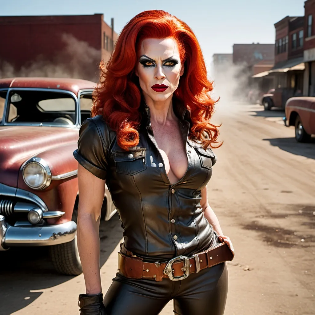 Prompt: (Effeminate Outlaw) gorgeous muscular 35-year-old Mid-Western drag queen with red hair, grease smudges from working on old cars,  Bootlegger character, eligant stance, pistol on belt, (dramatic lighting) casting striking shadows, (worn wool clothing) showcasing grit, (gritty atmosphere) with an emphasis on defiance and resilience, rich dark color tones, (high detail) and ultra-detailed, (cinematic quality), vintage backdrop evoking the feel of the era, immersive and compelling scene, textured details highlighting the character's ruggedness. renaissance, western, a character portrait