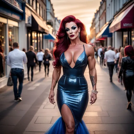 Prompt: Glamour photo of a gorgeous muscular 35-year-old French drag queen bodybuilder (dark red hair, dark eyeshadow, dark red matte lipstick, big busom) walking down the high street at sunset, detailed white & blue mermaid dress with 8 inch stiletto high heel shoes, realistic, natural lighting