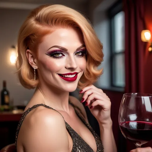 Prompt: A gorgeous ultra-muscular 25-year-old Finnish drag queen bodybuilder with very short strawberry-blonde business cut hair (dark eyeshadow and dark red lipstick) at a dinner party drinking red wine and laughing