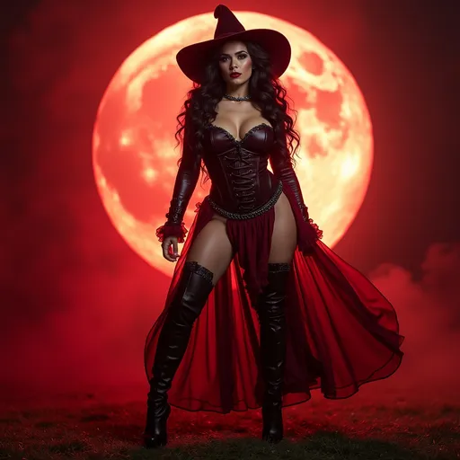 Prompt: a gorgeous muscular 25-year-old Romanian drag queen bodybuilder in a witches costume standing in front of a full moon, promotional art, strong red hue, ign, (dark long curly hair), heavily upvoted, inspired by Greg Staples, bright red, wearing corset, 8 inch stiletto high heel shoes.