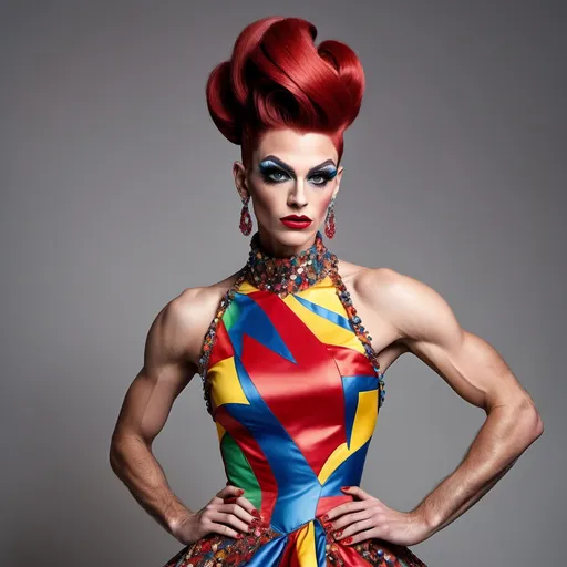Prompt: A very handsome man is dressed up as a Gorgeous muscular 25-year-old French drag queen with long dark red stylish updo wearing a (Moschino dress), high fashion design, colorful patterns, playful and vibrant, couture elegance, luxurious texture, striking silhouette, artistic flair, runway-inspired style, intricate details, eye-catching embellishments, bold color palette, fashionable ambiance, (ultra-detailed), high-quality craftsmanship, fashion illustration vibes, stylish ensemble, (vivid colors), aesthetically stunning.