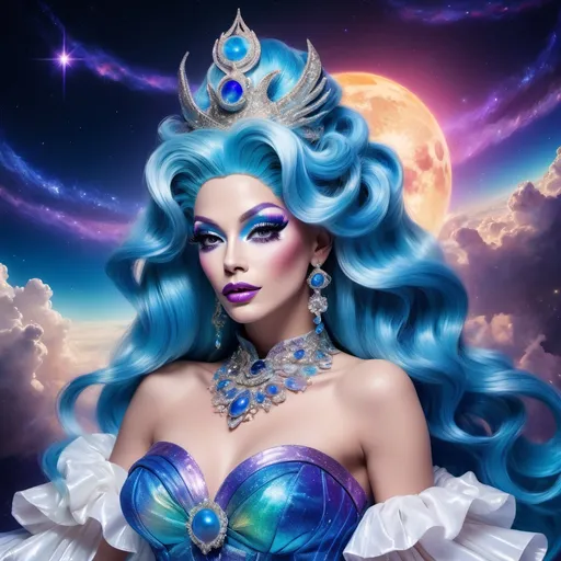 Prompt: The most beautiful drag queen on Neptune wearing the traditional Neptune dress.