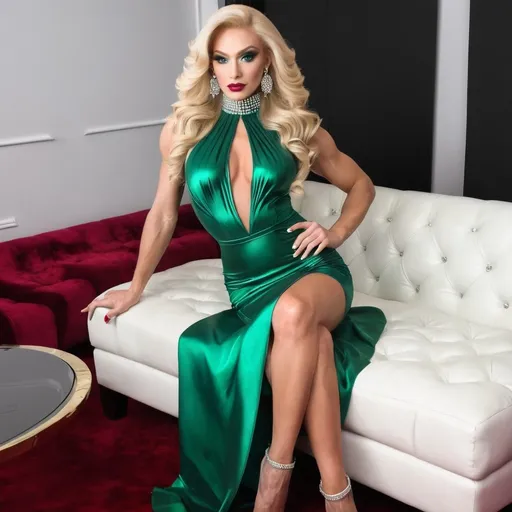 Prompt: Gorgeous ultra-muscular 25 year old drag Russian queen bodybuiler model, age 21, blue eyes, very long wavy blonde hair, snug green shimmering cocktail dress, green 8 inch stiletto high heel shoes, intricate diamond face, upturned nose, long legs, ((diamond choker with ruby pendant)), huge busom, muscular physique, sitting on white leather sofa, cozy living room with white rug, high-res, photo, professional, detailed eyes, stylish, elegant, cozy setting, natural lighting, comely expression, alluring pose, perfect hands, red clothing, white & black room design, art deco style