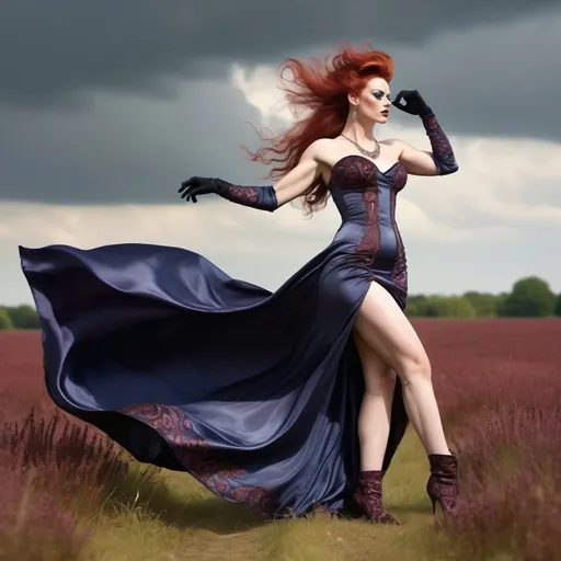 Prompt: full  body realistic, gorgeous muscular 25-year-old British drag queen bodybuilder with dark red hair wearing beautiful satin silk dress, flowing in the wind, Victorian, medieval fantasy intricate patterns, gloves, high heels, intricate boots glossy, detailed design, summer day, in a meadow, breeze in her hair, high quality, detailed, Victorian style, intricate patterns, beautiful  face, glossy finish, flowing fabric, summer breeze, detailed design, elegant, atmospheric lighting