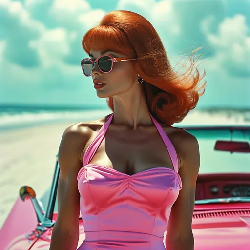 Prompt: A 1960s gorgeous ultra-muscular tanned mid-western 25-year-old years female with long straight red hair (((blowing in the wind))) long muscular legs and huge busom wearing 8 inch stiletto high heel shoes and a tight pink satin mini-dress standing next to a shiny 1968 Ford Mustang convertible (((mint green))) car parked along a beach in Daytona Beach, flirty expression, defined muscles, photorealistic, hyperdetailed, 8K, photograph, colour film